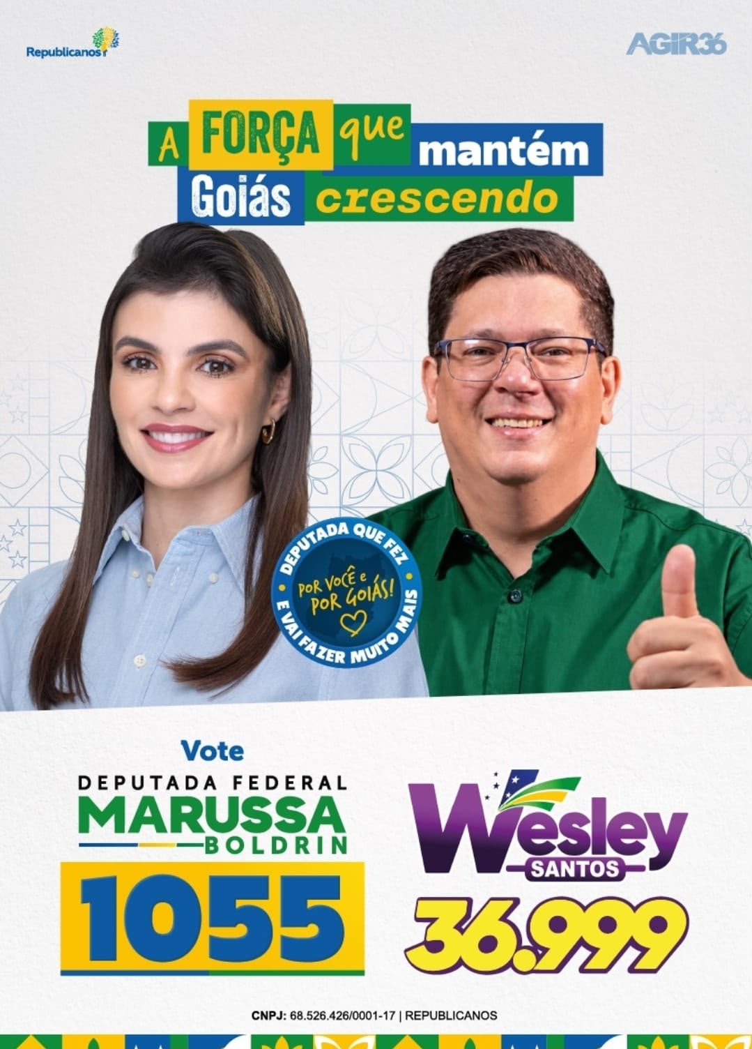 Arte oficial da campanha de Wesley Santos, candidato a Deputado Estadual por Goiás, número 36999, AGIR 36